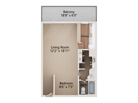 Floor plan for studio, 1 bath, 513 sqft